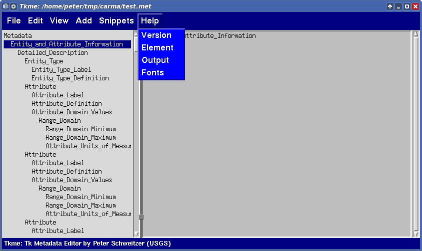 Tkme editor window showing the expanded Help menu; the option Output will show the metadata in text form
