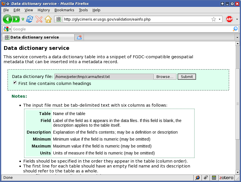 Data dictionary conversion service web page with file name entered in the form