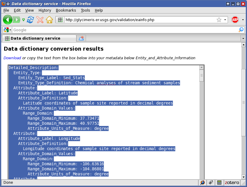 Data dictionary conversion results, with the Detailed_Description text highlighted for copying into the metadata